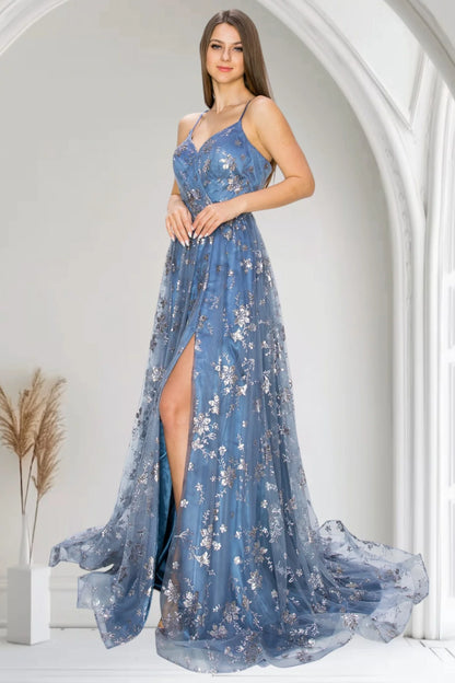 Steel Blue Glitter Tulle Maxi Prom Dresses with Spaghetti Strap Floral Sequin Print Lace-Up Back High Slit Train for Prom and Red Carpet