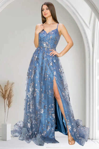 Steel Blue Glitter Tulle Maxi Prom Dresses with Spaghetti Strap Floral Sequin Print Lace-Up Back High Slit Train for Prom and Red Carpet