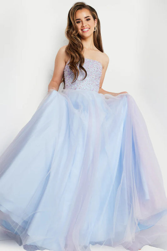 Strapless Beaded Ombre Tulle Ball Gown Floor Length Formal Evening Prom Dress