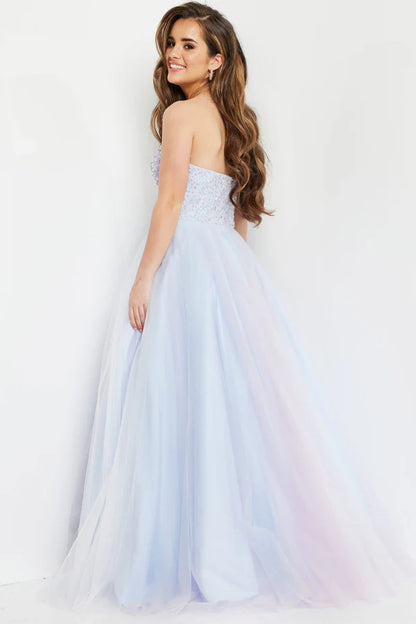 Strapless Beaded Ombre Tulle Ball Gown Floor Length Formal Evening Prom Dress