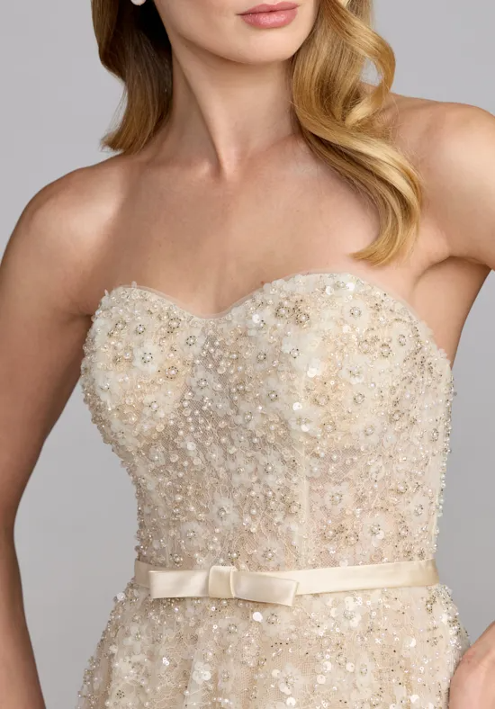 Strapless Beaded Tulle Tea Length Bridal Wedding Dress