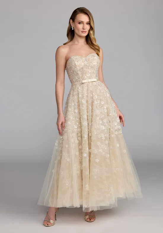 Strapless Beaded Tulle Tea Length Bridal Wedding Dress