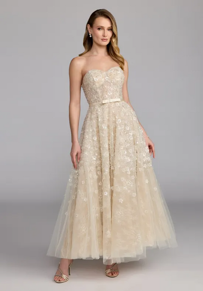 Strapless Beaded Tulle Tea Length Bridal Wedding Dress