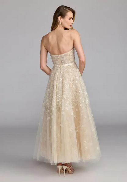 Strapless Beaded Tulle Tea Length Bridal Wedding Dress