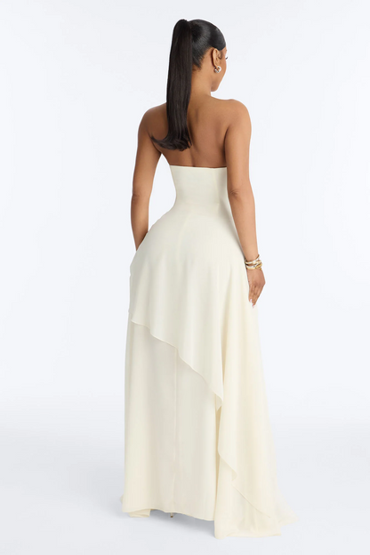 Strapless Corset Asymmetrical Ruffle Chiffon Long Evening Dress
