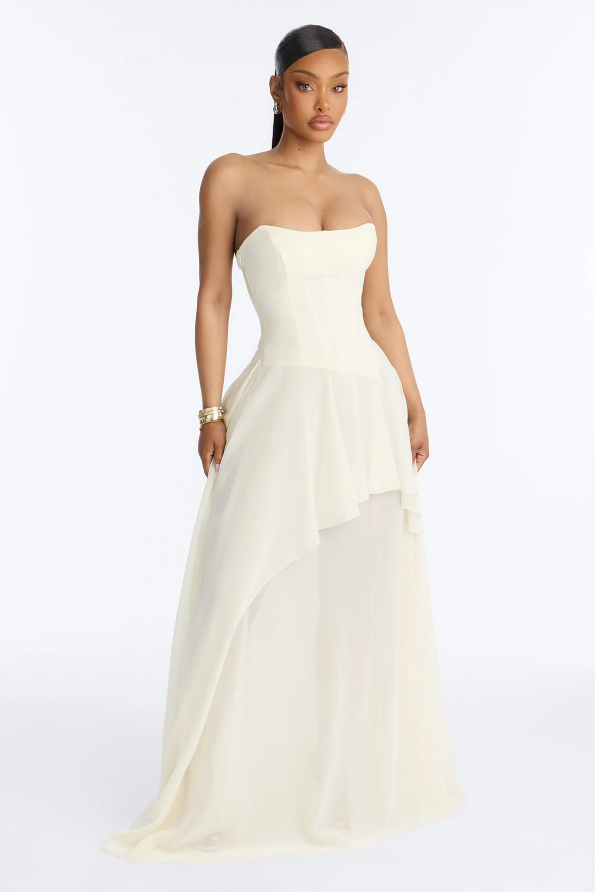 Strapless Corset Asymmetrical Ruffle Chiffon Long Evening Dress