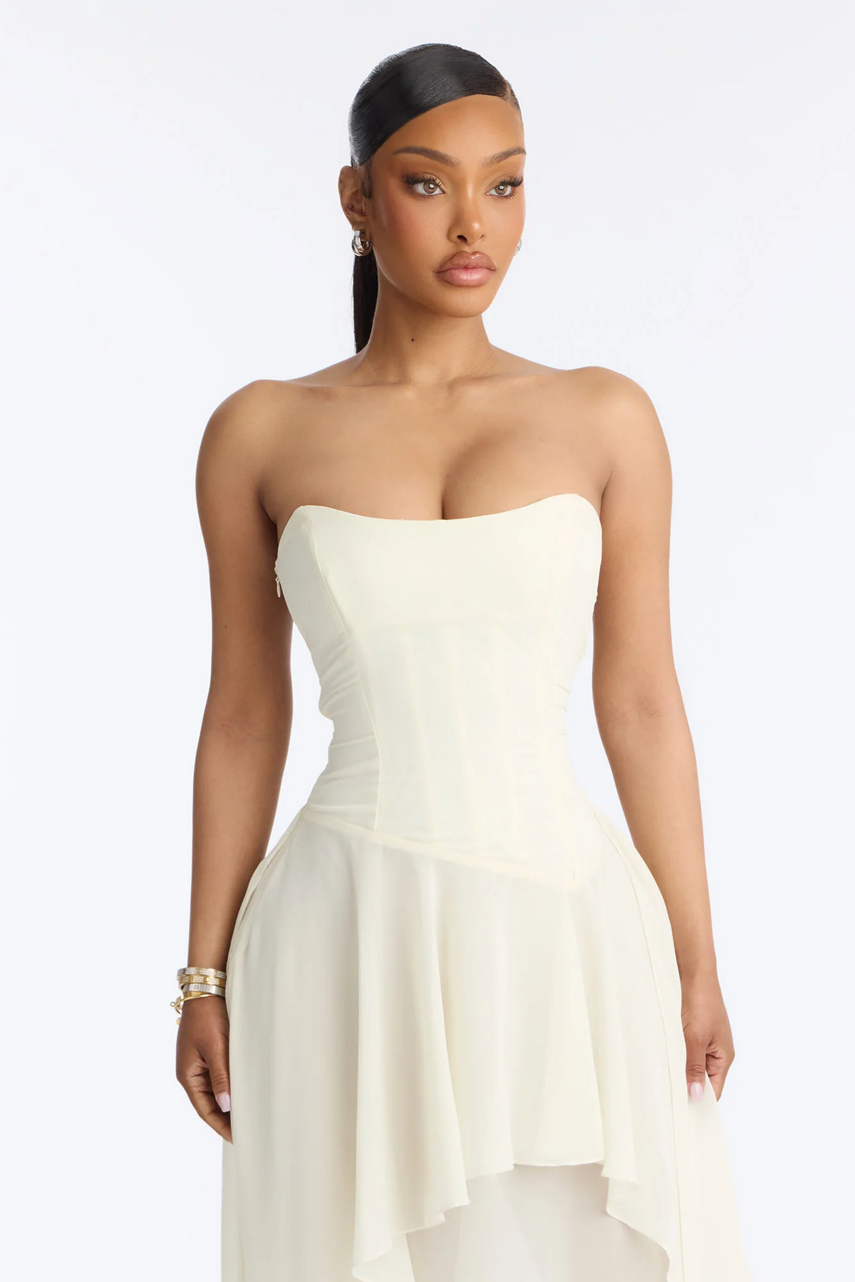 Strapless Corset Asymmetrical Ruffle Chiffon Long Evening Dress