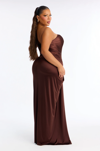 Strapless Corset Draped Satin Evening Dress