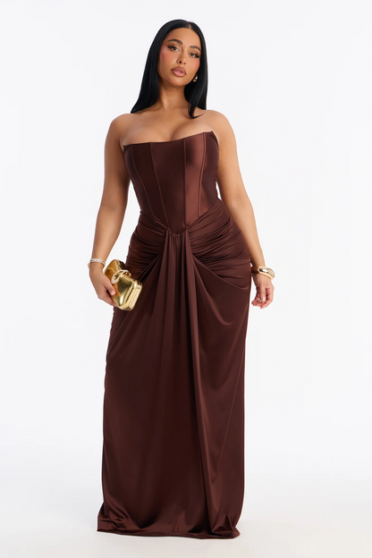 Strapless Corset Draped Satin Evening Dress