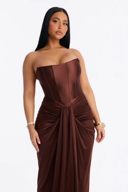 Strapless Corset Draped Satin Evening Dress