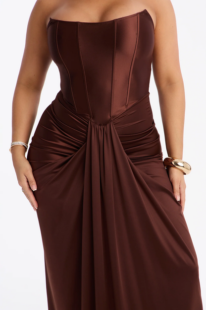 Strapless Corset Draped Satin Evening Dress