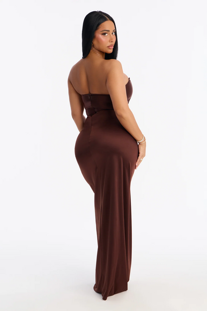 Strapless Corset Draped Satin Evening Dress