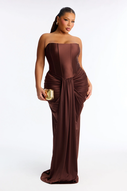 Strapless Corset Draped Satin Evening Dress