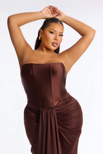 Strapless Corset Draped Satin Evening Dress