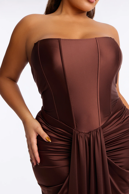 Strapless Corset Draped Satin Evening Dress