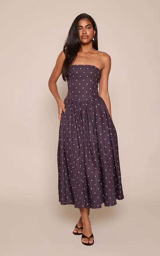 Strapless Dark Purple White Polka Dot Midi Evening Dress With Side Pockets
