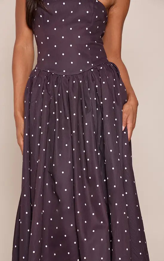 Strapless Dark Purple White Polka Dot Midi Evening Dress With Side Pockets