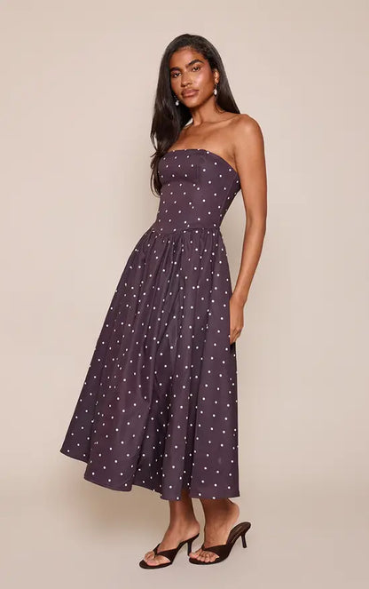 Strapless Dark Purple White Polka Dot Midi Evening Dress With Side Pockets