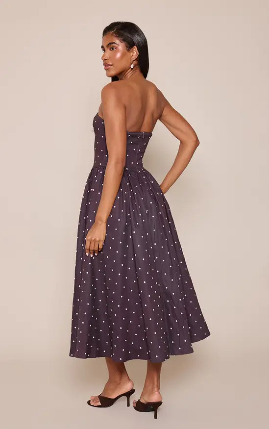Strapless Dark Purple White Polka Dot Midi Evening Dress With Side Pockets