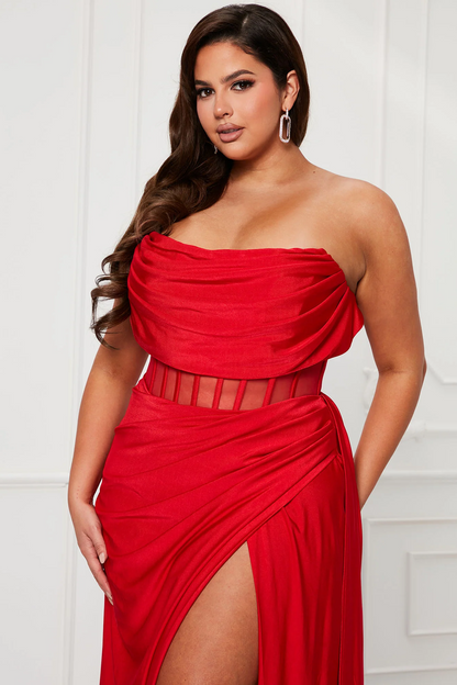 Strapless Draped Mesh Corset High Slit Satin Evening Dress