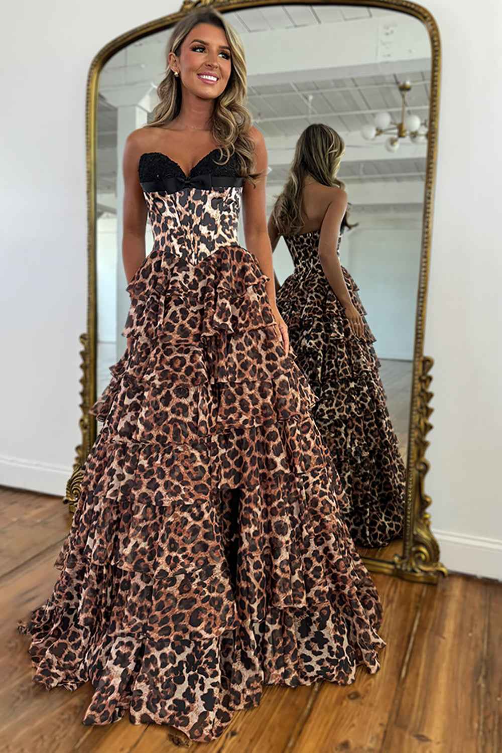 Strapless Leopard Print Tiered Ruffle Prom Dresses with Black Lace Bust (Leopard)