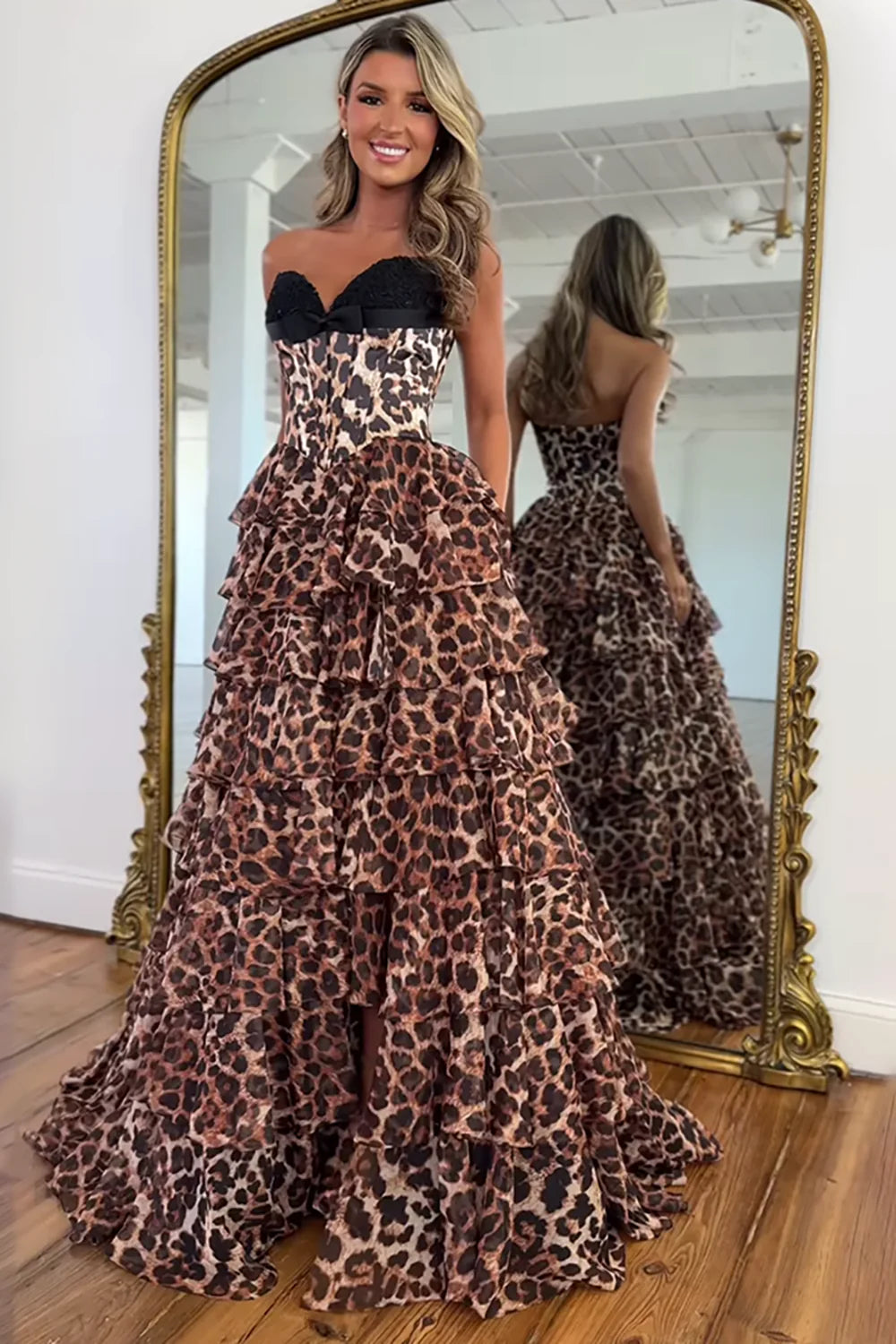 Strapless Leopard Print Tiered Ruffle Prom Dresses with Black Lace Bust (Leopard)