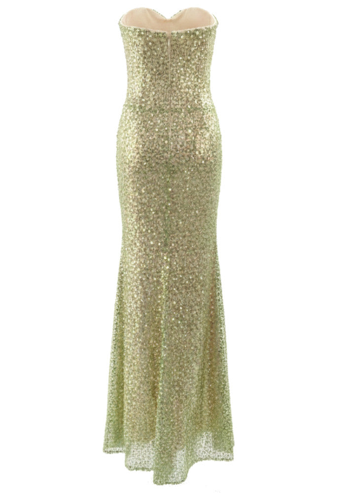 Strapless Lime Green Sequin Mermaid Evening Dresses with Sheer Mesh Waist Detail and Floor-Length Skirt