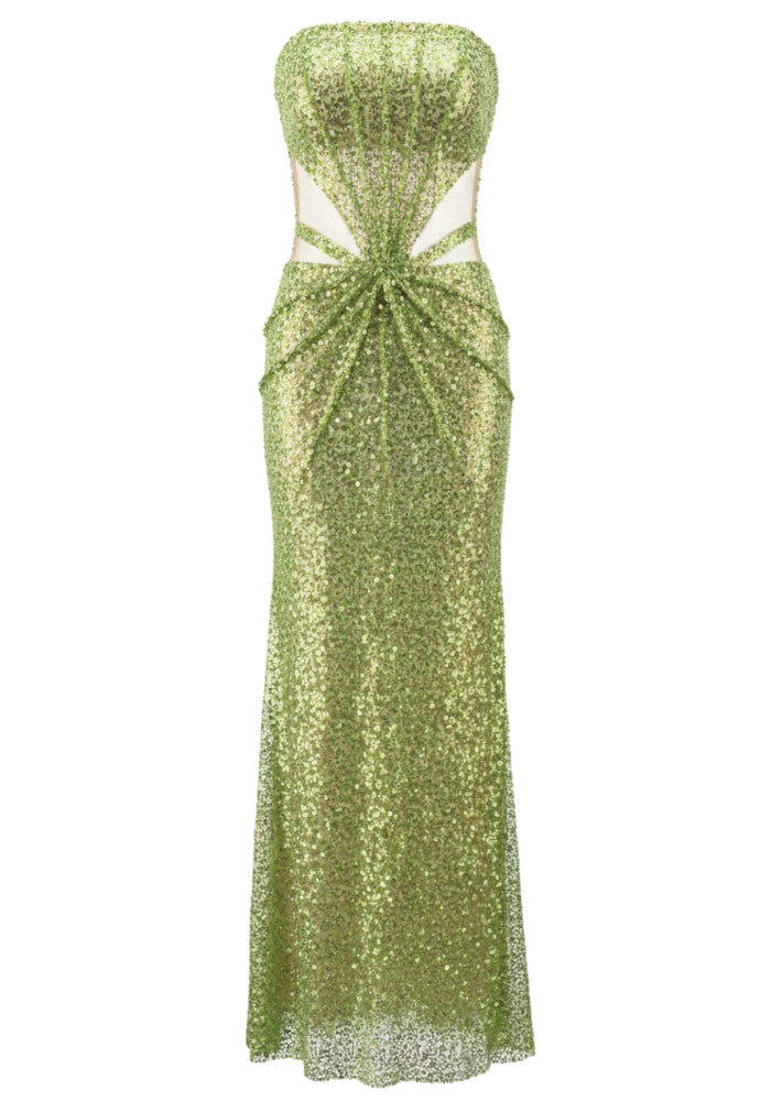 Strapless Lime Green Sequin Mermaid Evening Dresses with Sheer Mesh Waist Detail and Floor-Length Skirt