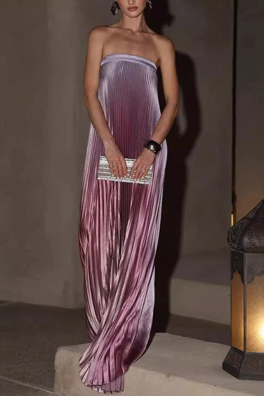 Strapless Ombre Purple Pleated Satin Maxi Evening Dresses with Flowy A-Line Silhouette and Floor-Length Train
