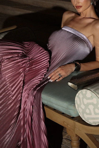Strapless Ombre Purple Pleated Satin Maxi Evening Dresses with Flowy A-Line Silhouette and Floor-Length Train
