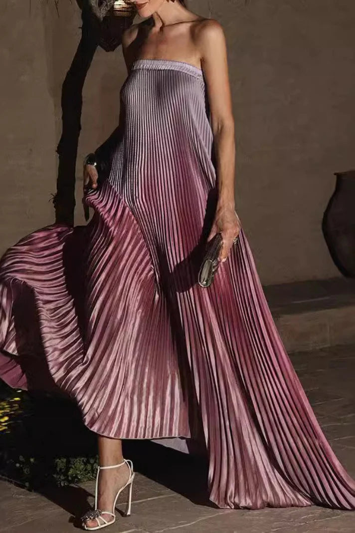 Strapless Ombre Purple Pleated Satin Maxi Evening Dresses with Flowy A-Line Silhouette and Floor-Length Train