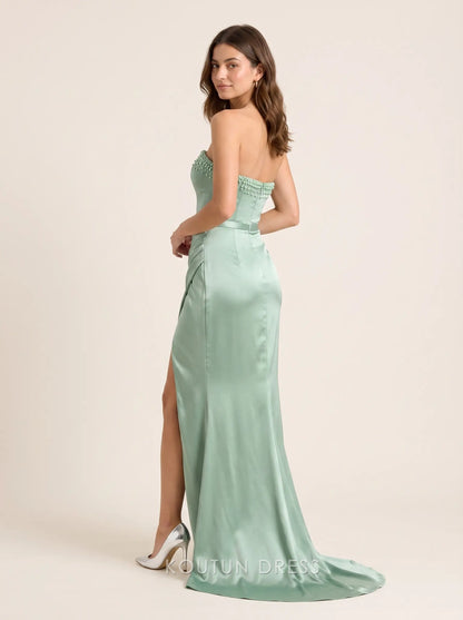 Strapless Pearl Beaded Neckline Satin Mermaid High Slit Floor Length Prom Dress