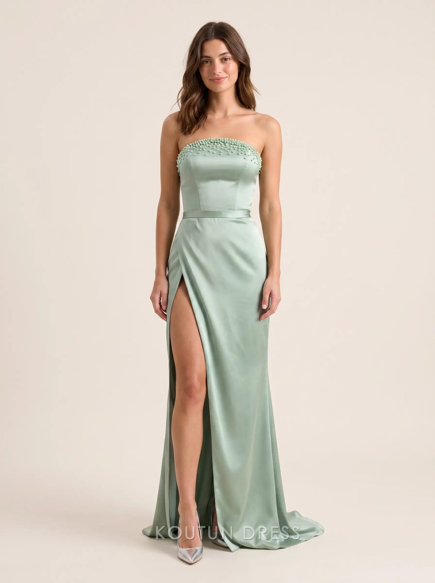 Strapless Pearl Beaded Neckline Satin Mermaid High Slit Floor Length Prom Dress