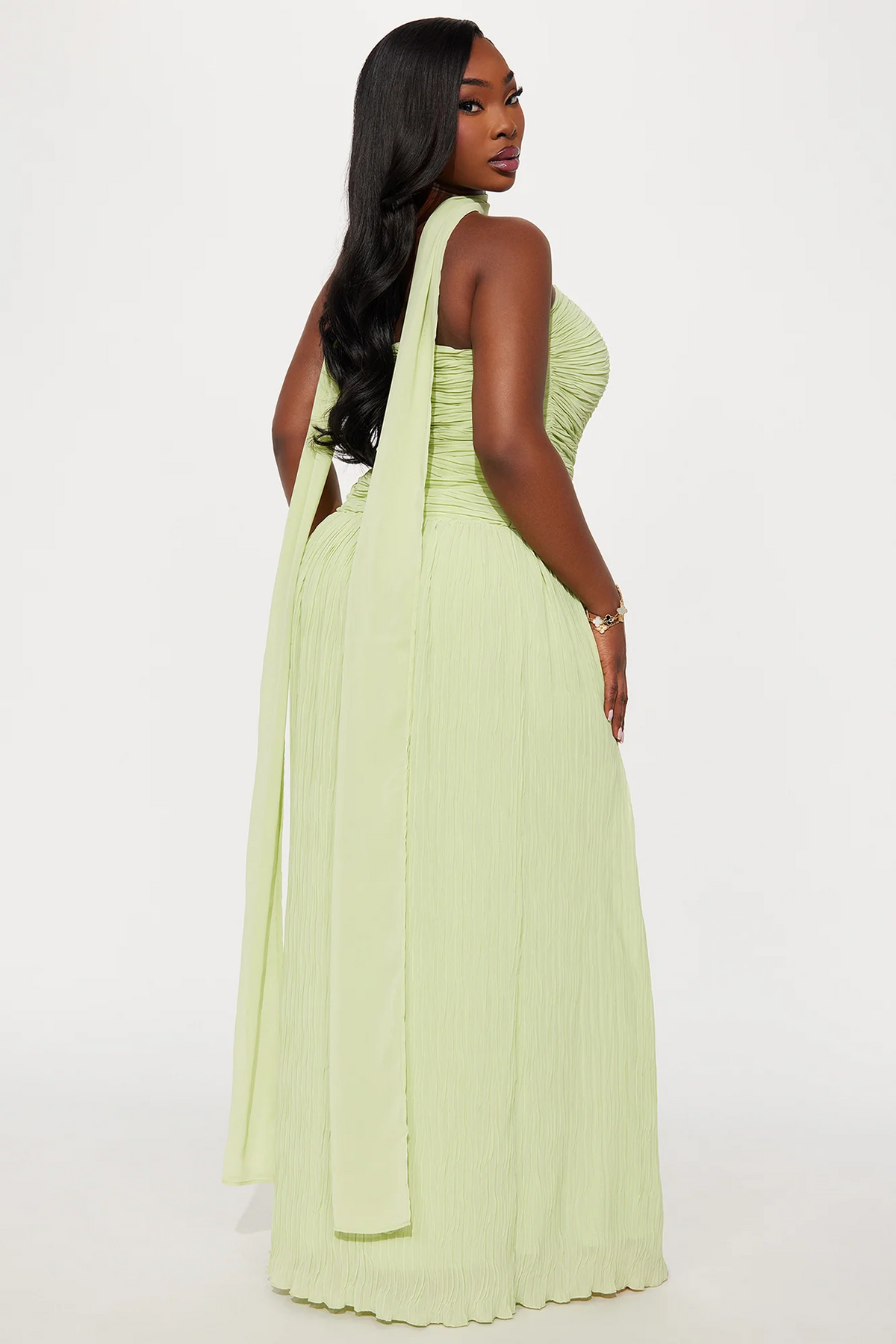 Strapless Ruched Halter Scarf Flowy Maxi Evening Dress