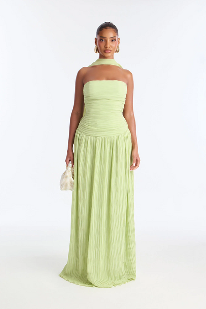 Strapless Ruched Halter Scarf Flowy Maxi Evening Dress