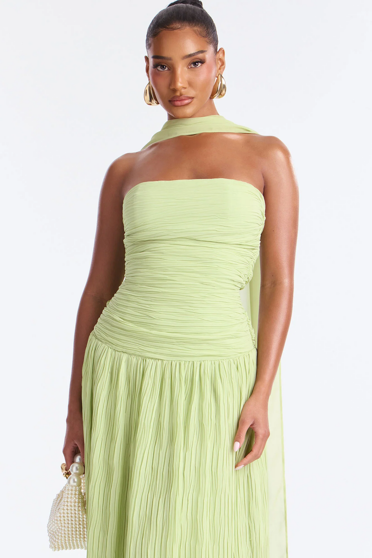 Strapless Ruched Halter Scarf Flowy Maxi Evening Dress