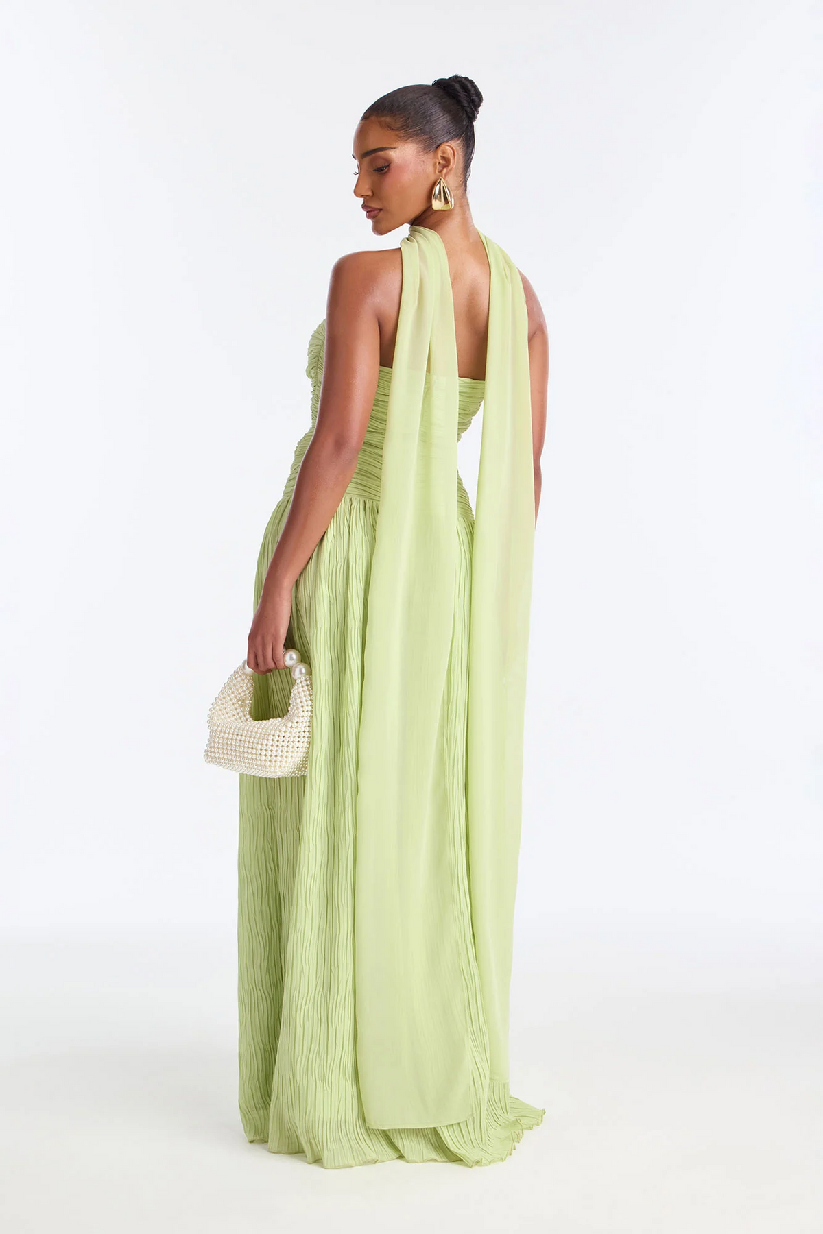 Strapless Ruched Halter Scarf Flowy Maxi Evening Dress