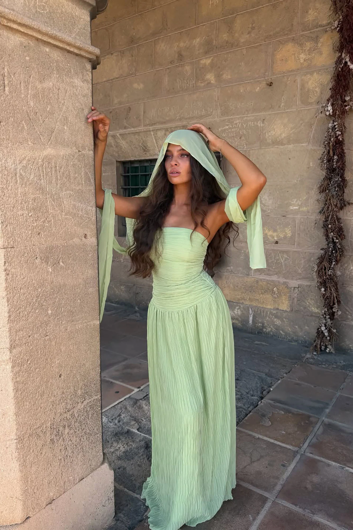 Strapless Ruched Halter Scarf Flowy Maxi Evening Dress