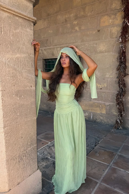 Strapless Ruched Halter Scarf Flowy Maxi Evening Dress