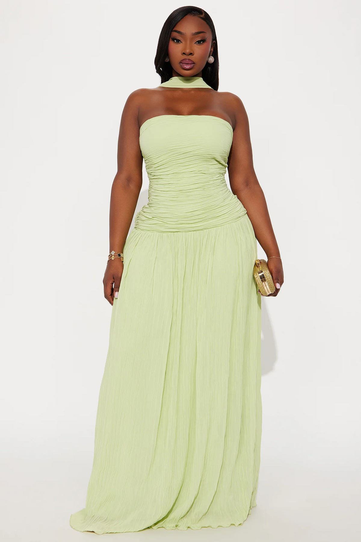 Strapless Ruched Halter Scarf Flowy Maxi Evening Dress