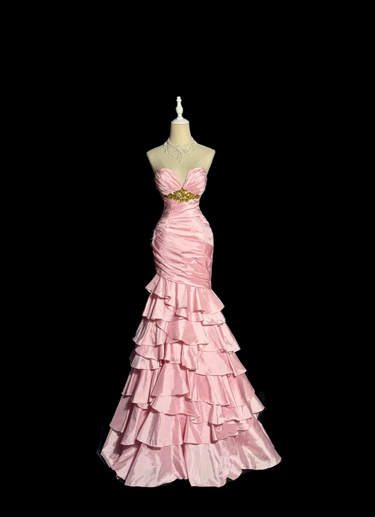 Strapless Ruched Satin Mermaid Prom Dress with Tiered Ruffles, Crystal Waist Embellishment and Lace-Up Back