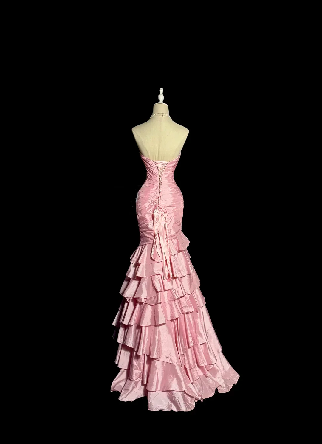 Strapless Ruched Satin Mermaid Prom Dress with Tiered Ruffles, Crystal Waist Embellishment and Lace-Up Back