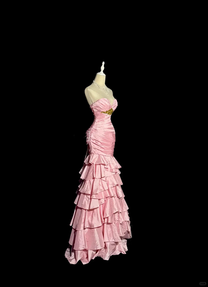 Strapless Ruched Satin Mermaid Prom Dress with Tiered Ruffles, Crystal Waist Embellishment and Lace-Up Back