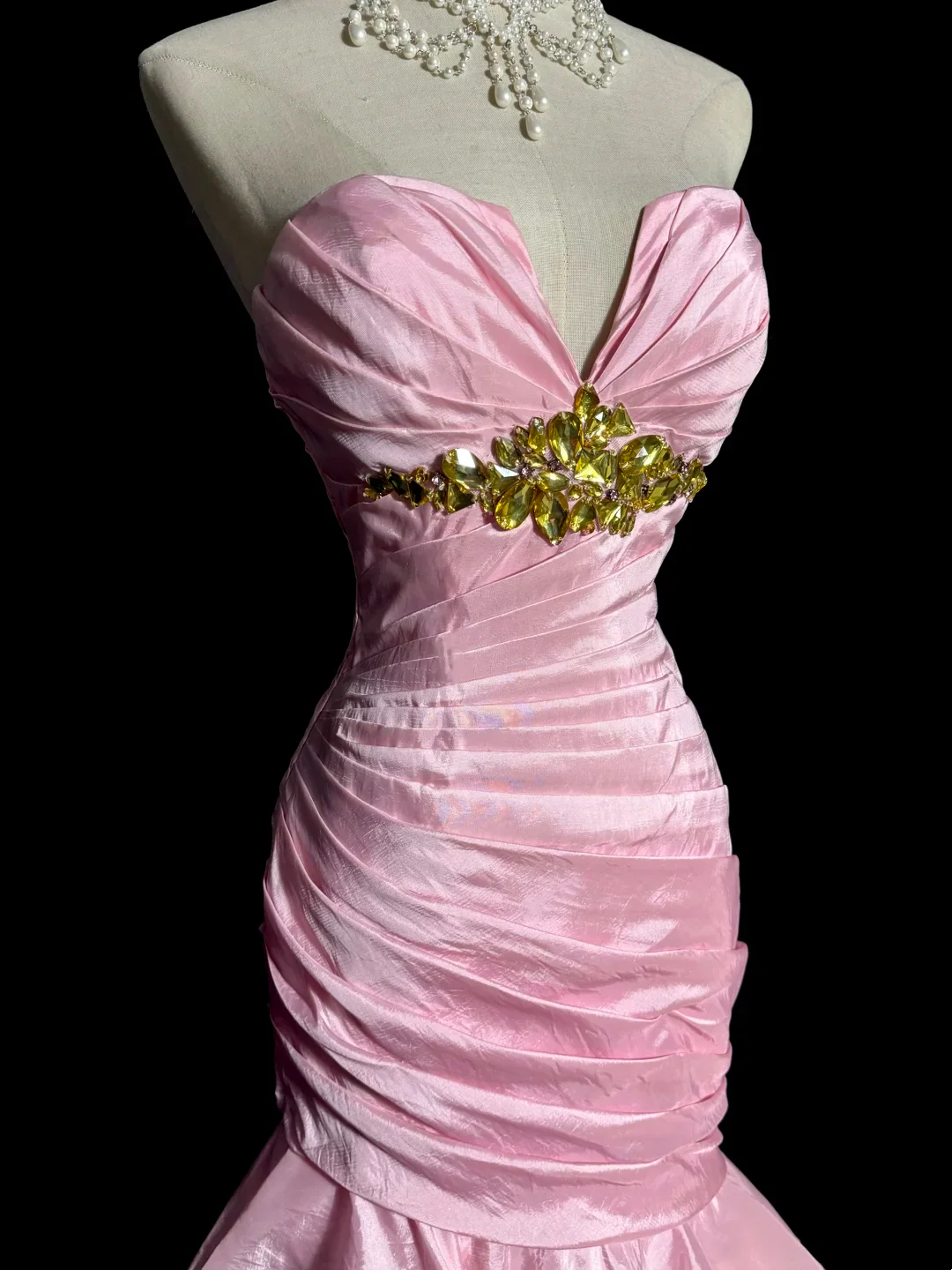 Strapless Ruched Satin Mermaid Prom Dress with Tiered Ruffles, Crystal Waist Embellishment and Lace-Up Back