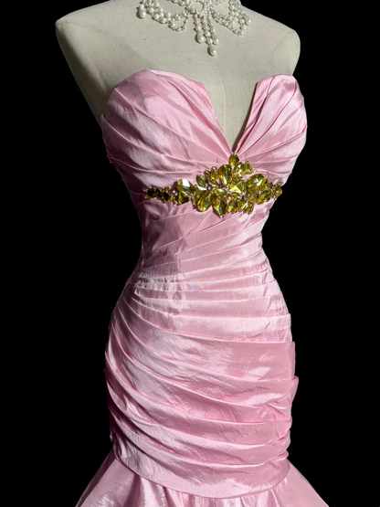 Strapless Ruched Satin Mermaid Prom Dress with Tiered Ruffles, Crystal Waist Embellishment and Lace-Up Back