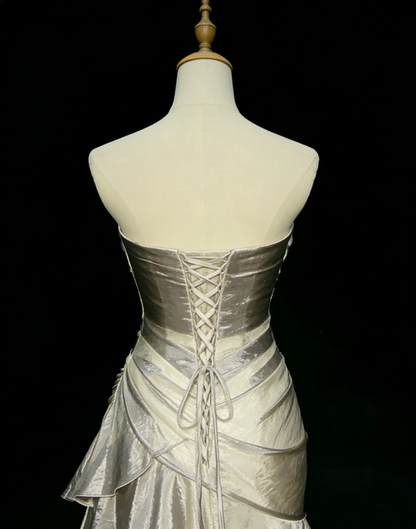 Strapless Ruched Tiered Ruffle Lace-Up Back Metallic Satin Mermaid Train Prom Dresses (Champagne Silver)