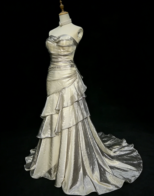Strapless Ruched Tiered Ruffle Lace-Up Back Metallic Satin Mermaid Train Prom Dresses (Champagne Silver)
