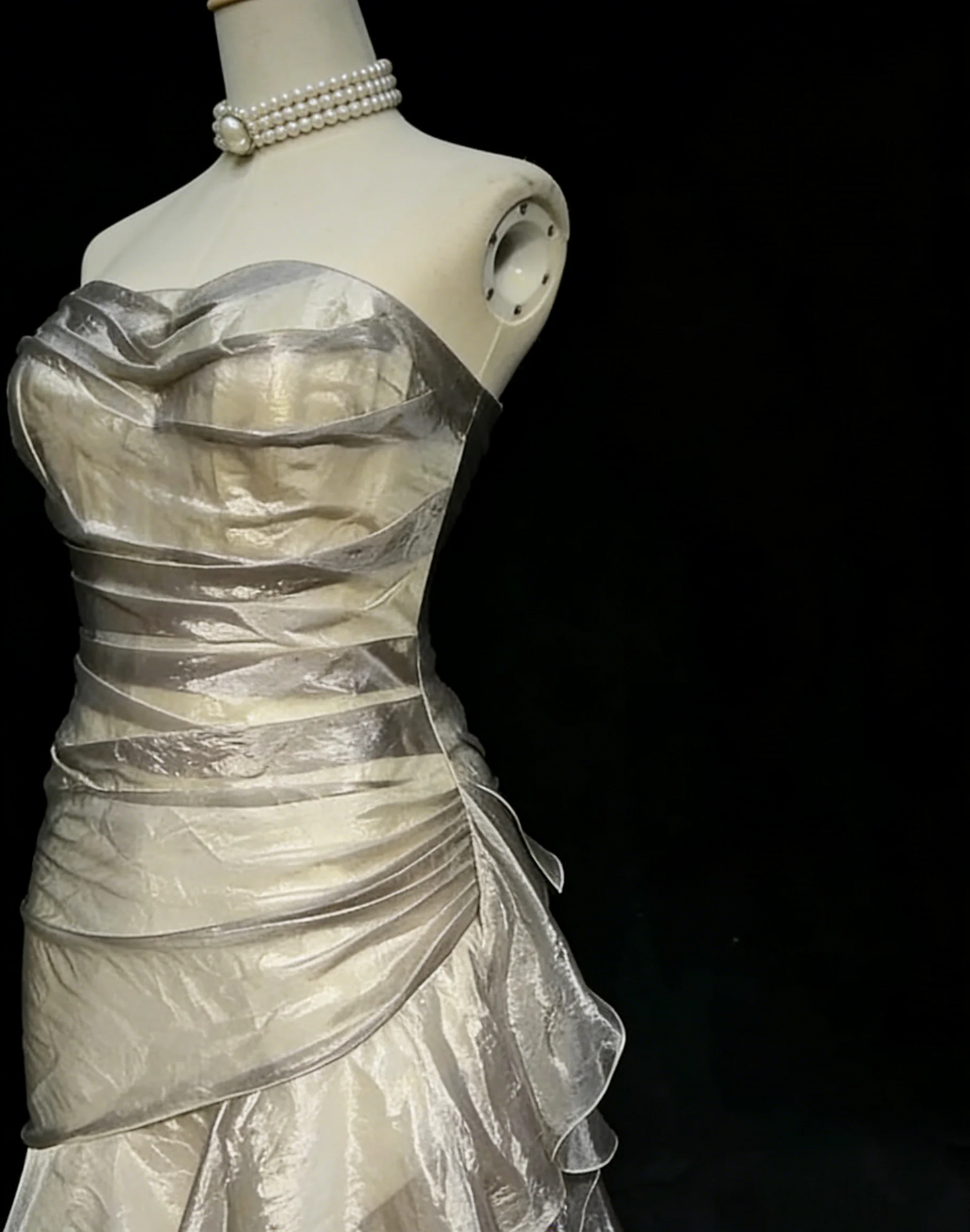 Strapless Ruched Tiered Ruffle Lace-Up Back Metallic Satin Mermaid Train Prom Dresses (Champagne Silver)