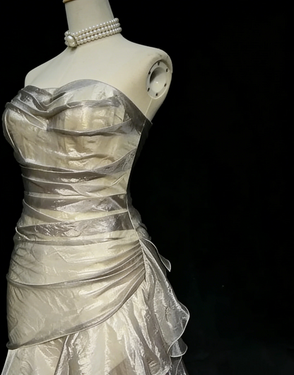 Strapless Ruched Tiered Ruffle Lace-Up Back Metallic Satin Mermaid Train Prom Dresses (Champagne Silver)