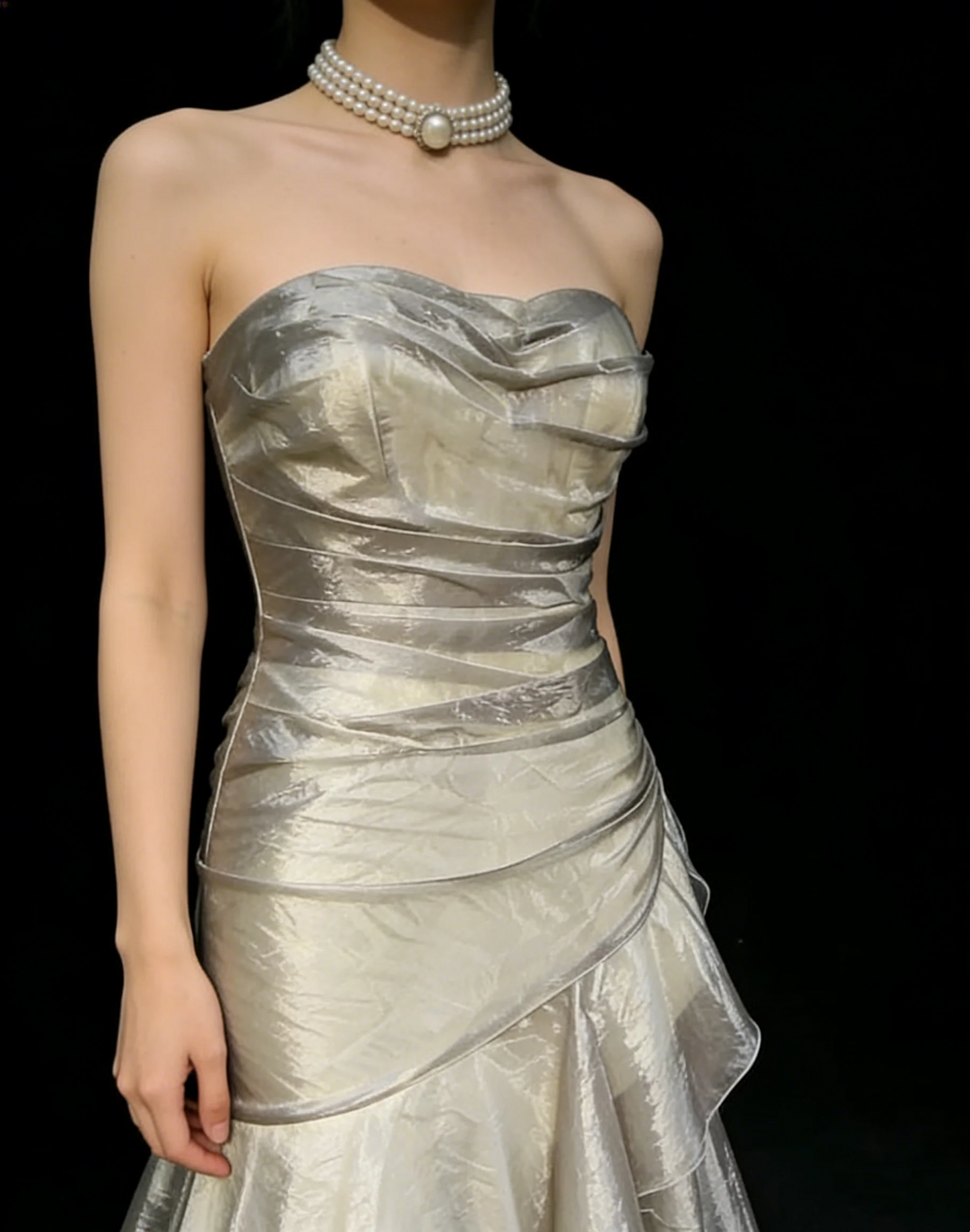 Strapless Ruched Tiered Ruffle Lace-Up Back Metallic Satin Mermaid Train Prom Dresses (Champagne Silver)